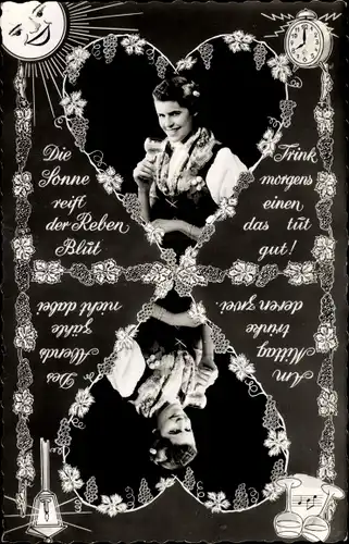 Ak Die Sonne reift der Reben Blut, Trink morgens einen das tut gut, Frau mit Weinglas