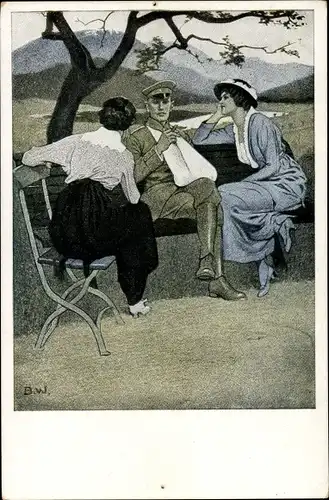 Künstler Ak Wennerberg, Bruno, Daheim, zwei Frauen und ein Mann, Soldat
