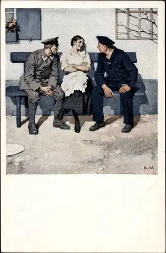 Künstler Ak Wennerberg, Bruno, Frau mit Soldat und Seemann auf einer Bank, Geplänkel