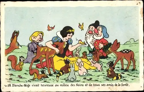 Ak Walt Disney, Blanche Neige et les Sept Nains, Schneewittchen, Zwerge, Waldtiere