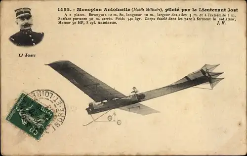 Ak Monoplan Antoinette, Aéroplane, Aviateur, Pilote par le Lieutenant Jost