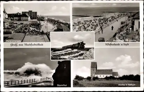 Ak Westerland auf Sylt, Kurpromenade, Strand, Inselbahn, Sturmflut, Kirche Keitum