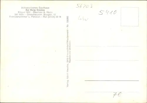 Ak Grenzau Höhr Grenzhausen im Westerwaldkreis, Gasthaus Zur Burg Grezau, A. Henn, Burgstr. 13