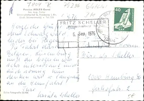 Ak Freiburg im Breisgau, Pension Adler Garni, Unterglattertal