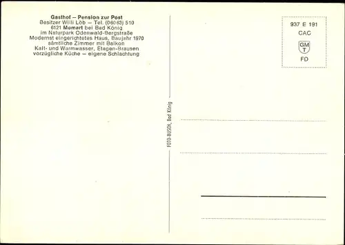 Ak Momart Bad König Odenwald, Gasthof Pension Zur Post, Innenansicht