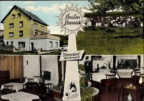 Ak Dorndorf Dornburg im Westerwald, Pension Sonneck, Innenansicht, Blick auf den Ort