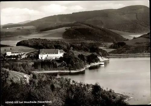 Ak Meschede im Hochsauerland, Teilansicht vom Hennesee, Straße, Haus, Hügellandschaft