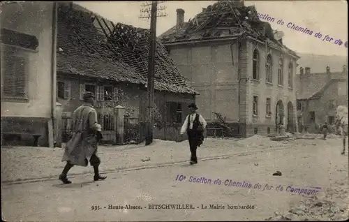 Ak Bitschwiller lès Thann Bitschweiler Elsass Haut Rhin, La Mairie bombardée, bombardiertes Rathaus