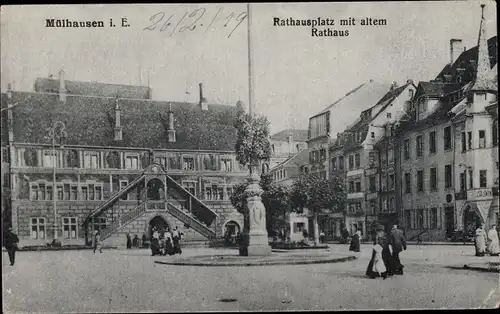 Ak Mulhouse Mülhausen Elsass Haut Rhin, Rathausplatz mit altem Rathaus
