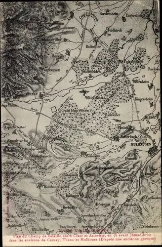 Landkarten Ak Thann Elsass Haut Rhin, Plan du Champ de Bataille entre Cesar et Arioviste 58 v.Chr.