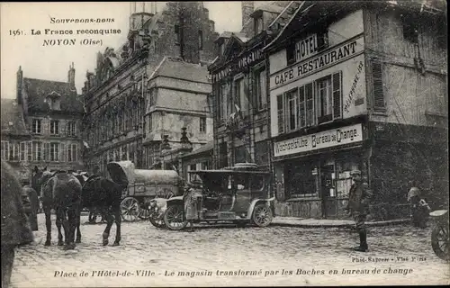 Ak Noyon Oise, Place de l'Hotel de Ville, Cafe-Restaurant