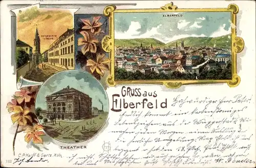 Litho Elberfeld Wuppertal, Blick auf den Ort, Kirche, Theater