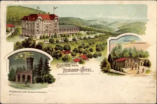 Litho Kohlhof Heidelberg am Neckar, Posselts Lust, Aussichtsturm, Kohlhof Hotel, Milchkuranstalt