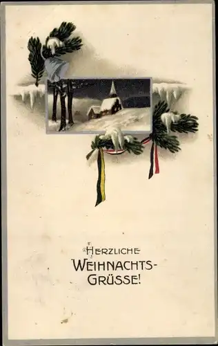 Ak Glückwunsch Weihnachten, Winterlandschaft, Kirche, Patriotik