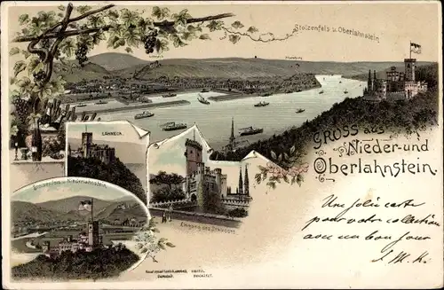 Litho Lahnstein im Rhein Lahn Kreis, Lahneck, Schloss, Burg Stolzenfels