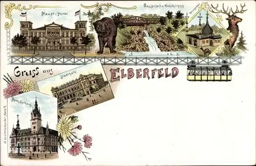 Litho Elberfeld Wuppertal in Nordrhein Westfalen, Neues Rathaus, Schwebebahn, Wasserfall