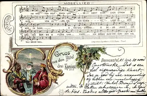 Lied Litho Bernkastel Kues an der Mosel, Mosellied, Hotel drei Könige