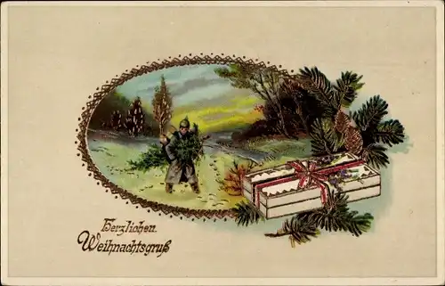 Präge Litho Glückwunsch Weihnachten, Soldat mit Tannenbaum, Geschenk