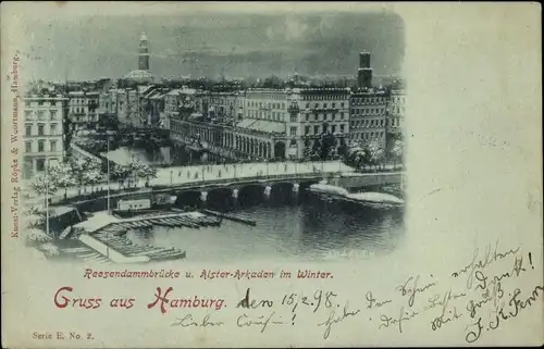 Ak Hamburg Mitte Altstadt, Reesendammbrücke und Alsterarkaden, Winter