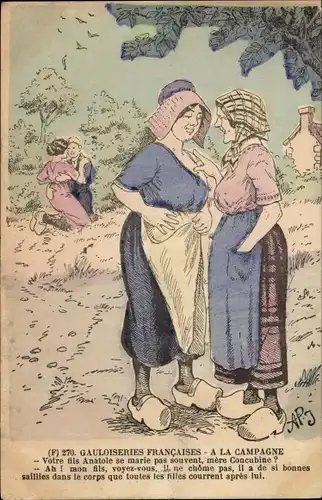 Künstler Ak Gauloiseries Francaises, a la campagne, Frauen in Trachten, Liebespaar im Gras