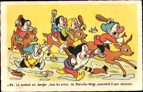 Ak Walt Disney, Schneewittchen, Zwerge, Reh, La sentant en danger, Blanche neige