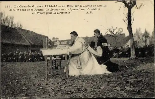 Ak La Grande Guerre, La Messe sur le champ de Bataille dans le nord de la France, Zouave du 4e Regt