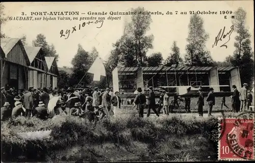 Ak Port Aviation, Grande Quinzaine de Paris 1909, Gaudart sur biplan Voisin