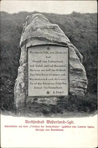 Ak Westerland auf Sylt, Gedenkstein auf dem Friedhof der Heimatlosen