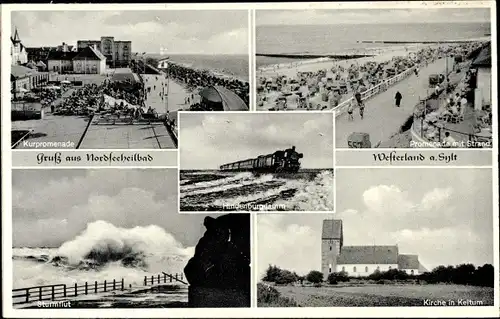 Ak Westerland auf Sylt, Kurpromenade, Hindenburgdamm, Kirche in Keitum, Strand, Sturmflut