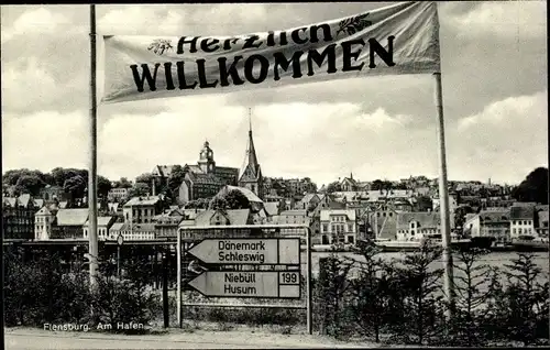 Ak Flensburg in Schleswig Holstein, am Hafen, Wegweiser