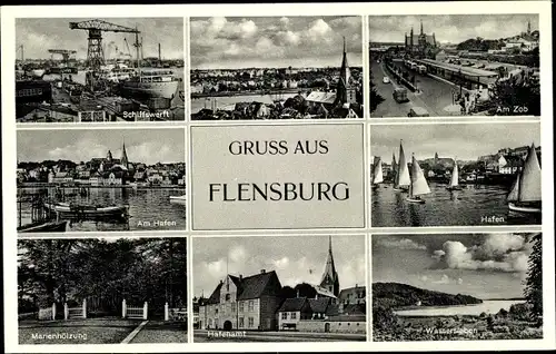 Ak Flensburg in Schleswig Holstein, Schiffswerft, Hafen, Wassersleben, Hafenamt, Zob, Marienhölzung