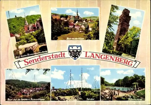 Ak Langenberg in Westfalen, Evang. Kirche, Bismarckturm, Sender, Schwimmbad