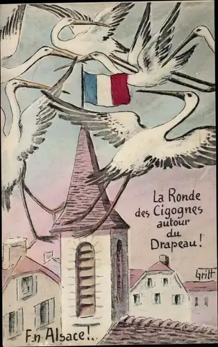 Künstler Ak Gritt, En Alsace, La Ronde des Cigognes autour du Drapeau, Französische Fahne