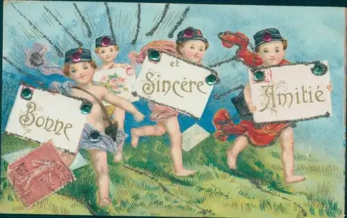 Glitzer Präge Litho Bonne et Sincere Amitie, Postboten