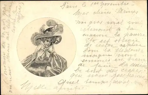 Litho Portrait einer Frau mit Hut und Muff
