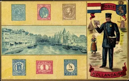 Briefmarken Ak Poste Hollandaise, Postbote, Frau in Tracht