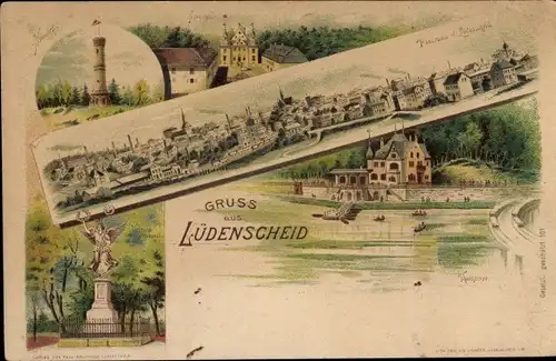 Litho Lüdenscheid im Märkischen Kreis, Panorama, Siegesdenkmal, Aussichtsturm