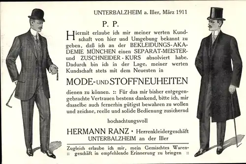 Ak Unterbalzheim an der Iller, Herrenkleidergeschäft Hermann Ranz, Reklame