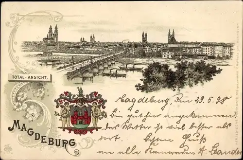 Wappen Litho Magdeburg, Gesamtansicht, Elbbrücke, Dom