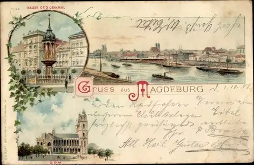 Litho Magdeburg, Gesamtansicht, Dom, Kaiser Otto Denkmal