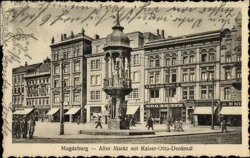 Ak Magdeburg, Alter Markt, Kaiser Otto Denkmal, Geschäfte