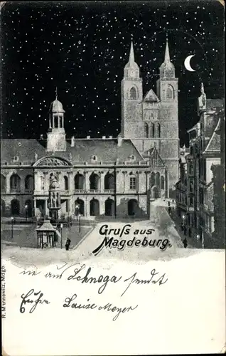 Ak Magdeburg, Alter Markt, Rathaus, Johanniskirche, Nacht