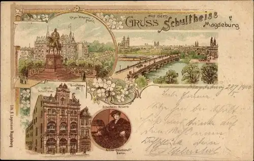 Litho Magdeburg in Sachsen Anhalt, Kaiser Wilhelms Platz, Zum Schultheiss, Breiteweg 29