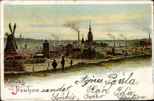 Litho Itzehoe in Holstein, Panorama, Windmühle, Kirche