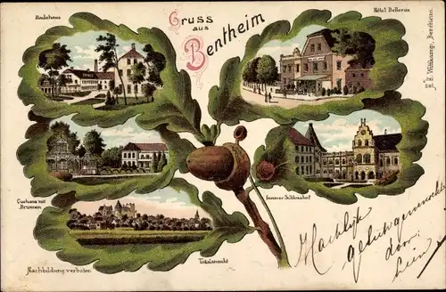 Eichenblatt Litho Bad Bentheim, Badehaus, Hotel Bellevue, Schlosshof, Kurhaus, Brunnen, Totale