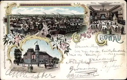 Litho Gronau im Münsterland Westfalen, Hotel zum Engel, Innenansicht, Stadtpanorama