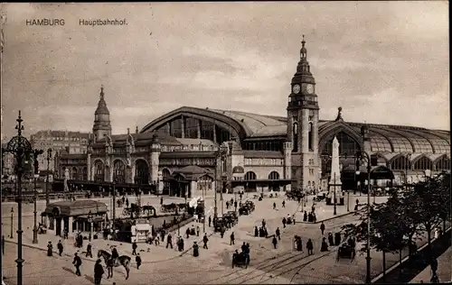 Ak Hamburg, Blick auf den Hauptbahnhof, Kutschen, Passanten