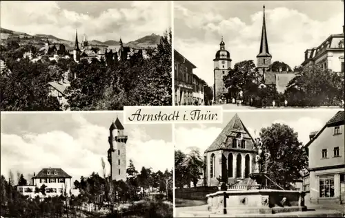 Ak Arnstadt in Thüringen, Gesamtansicht, Alteburg, Kirche, Brunnen