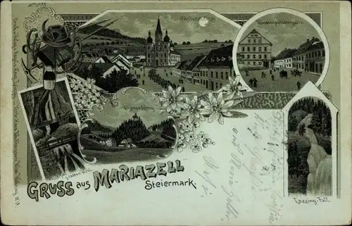 Mondschein Litho Mariazell Steiermark, Wasserfall, Wallfahrtskirche