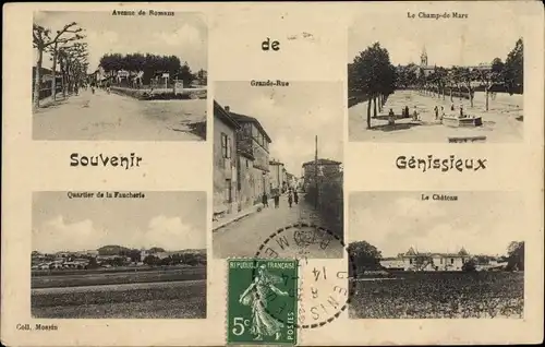 Ak Génissieux Drôme, Le Champ de Mars, Le Chateau, Avenue de Romans